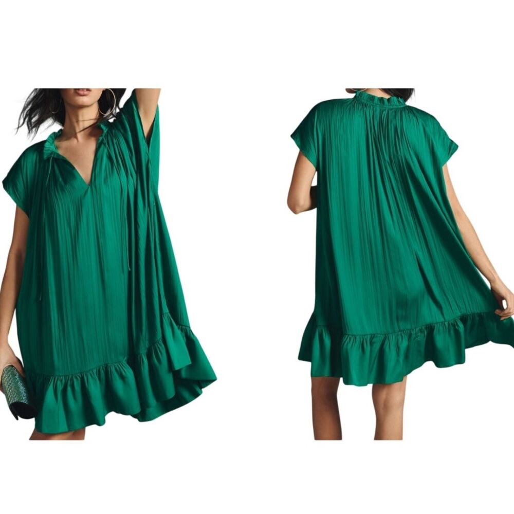 Anthropologie Emerald Green Mock Neck, Lined, Swing Dress NWT- S - Picture 3 of 15